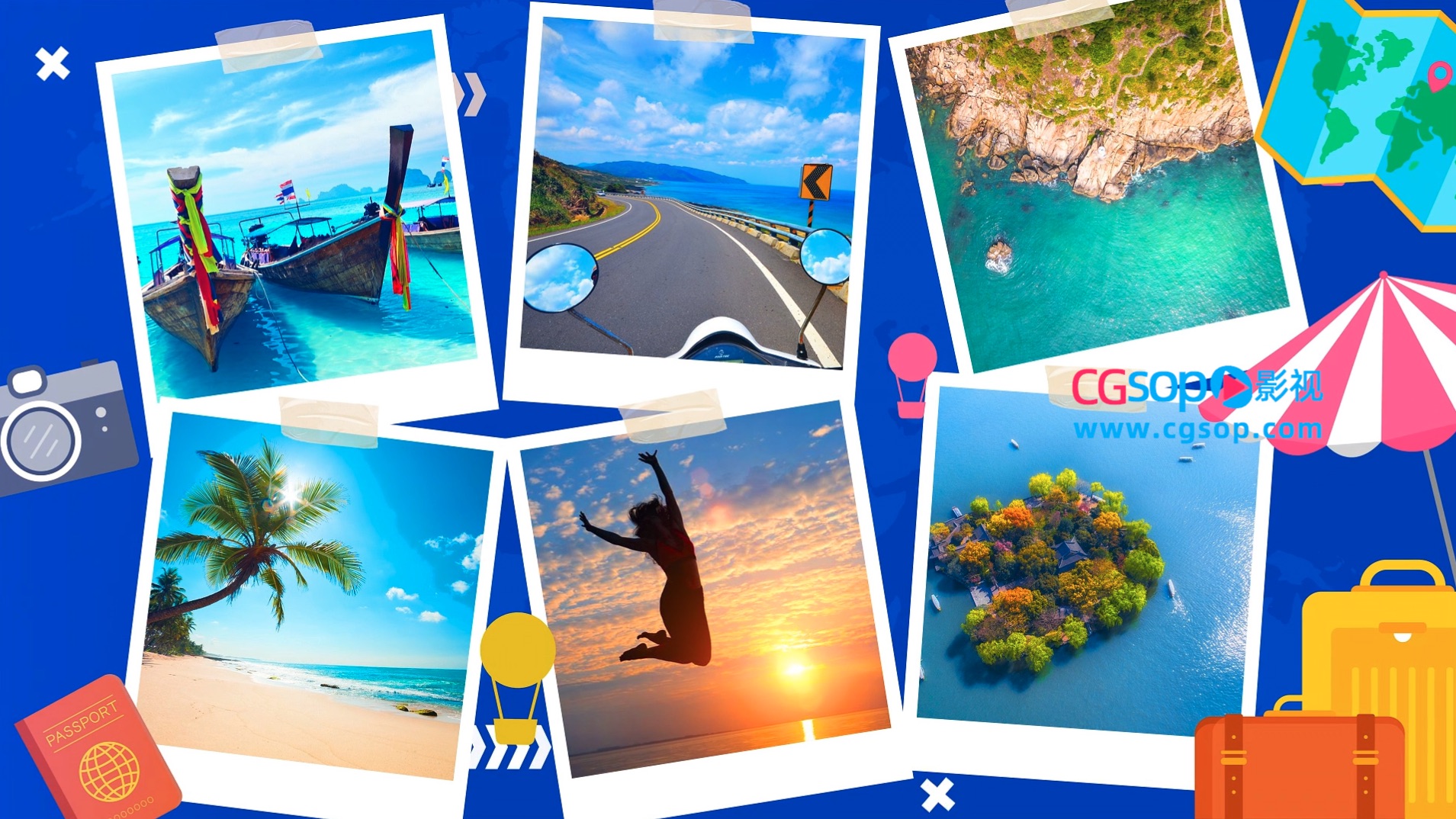 蓝色海滩相册假期旅行冒险幻灯片AE模板