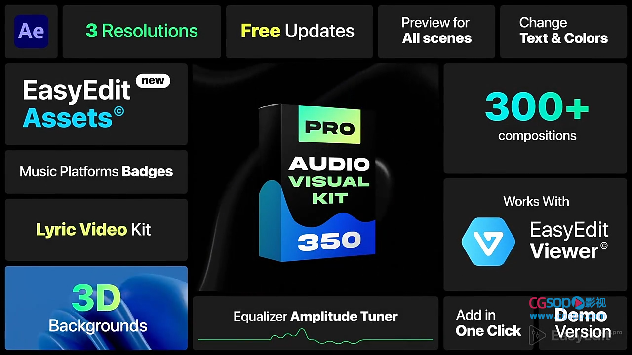 AE脚本-380种音频可视化海报封面歌词标题图形动画预设 Audio Visual Kit V1.1