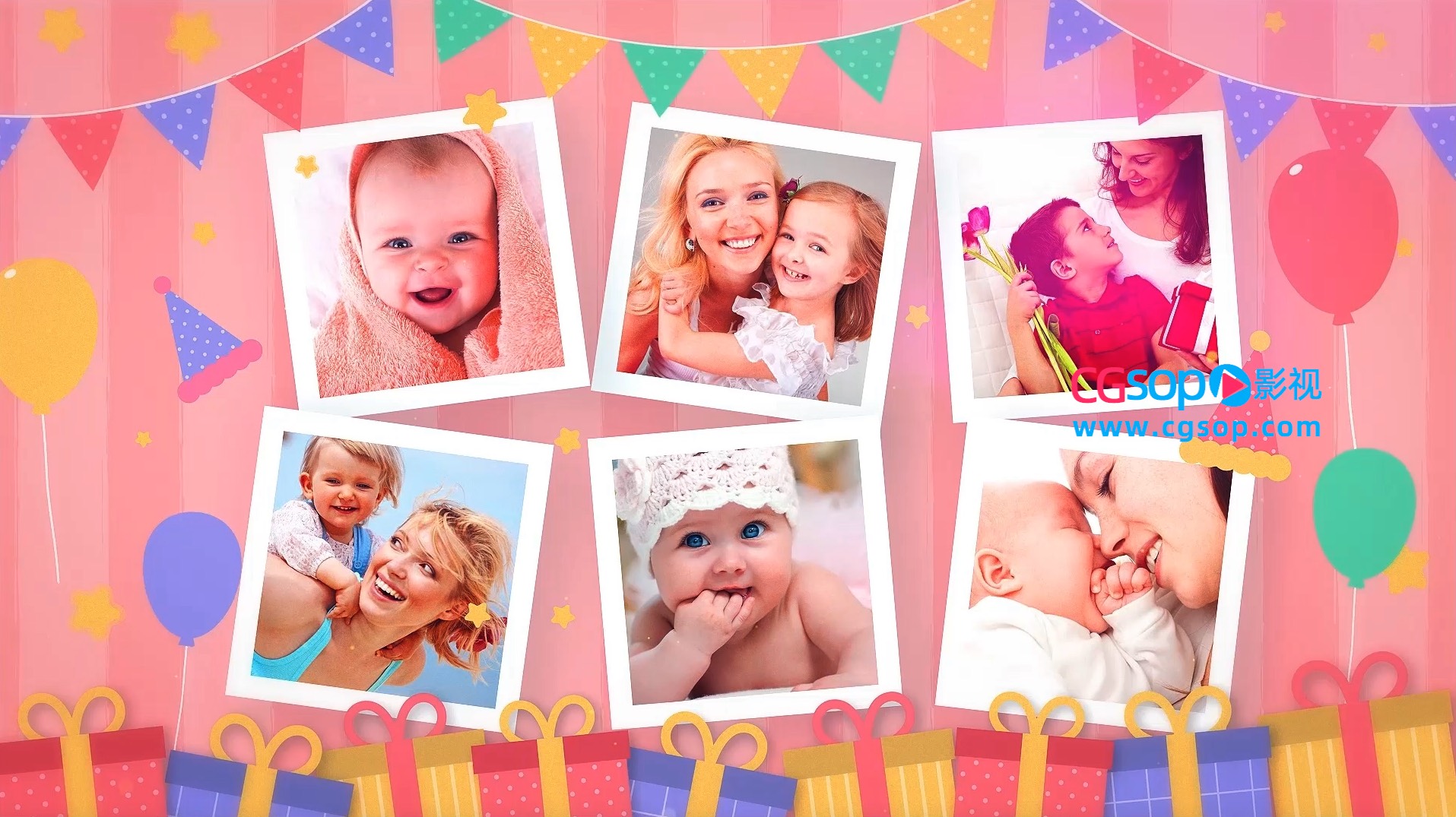 小公主粉色系生日派对照片纪念相册AE模板